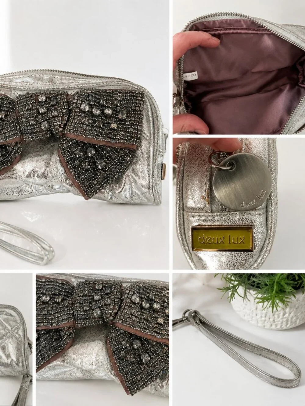 Deux Lux Silver Metallic Rhinestone Bow Wristlet Clutch | Glam Evening Bag